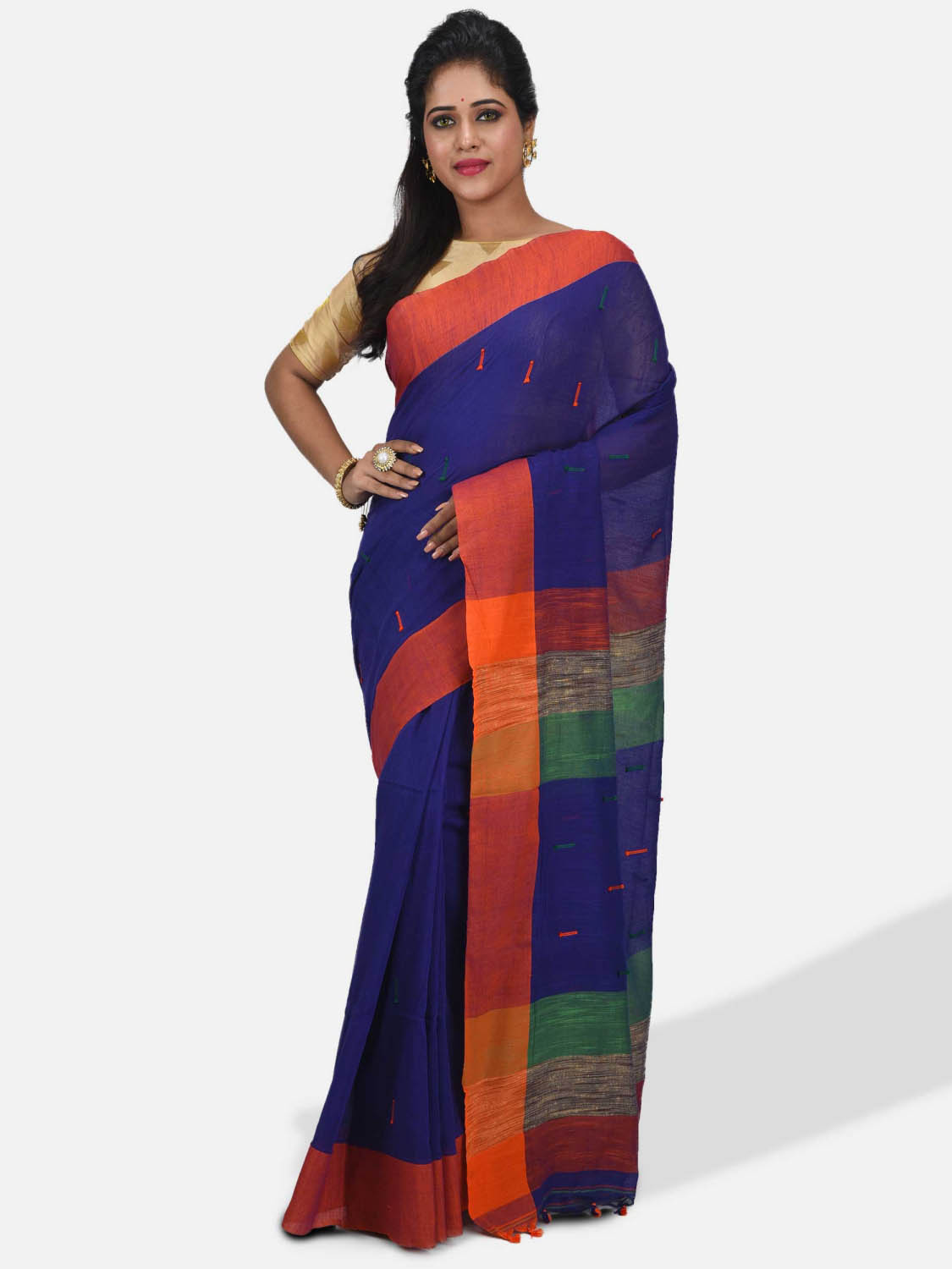 Women Traditional Handloom Woven Design Bengal Khadi Cotton Tant Saree With Blouse Piece